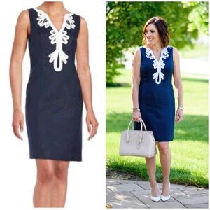 Eliza J Embroidered Neck Sheath Dress Linen blend Navy 6